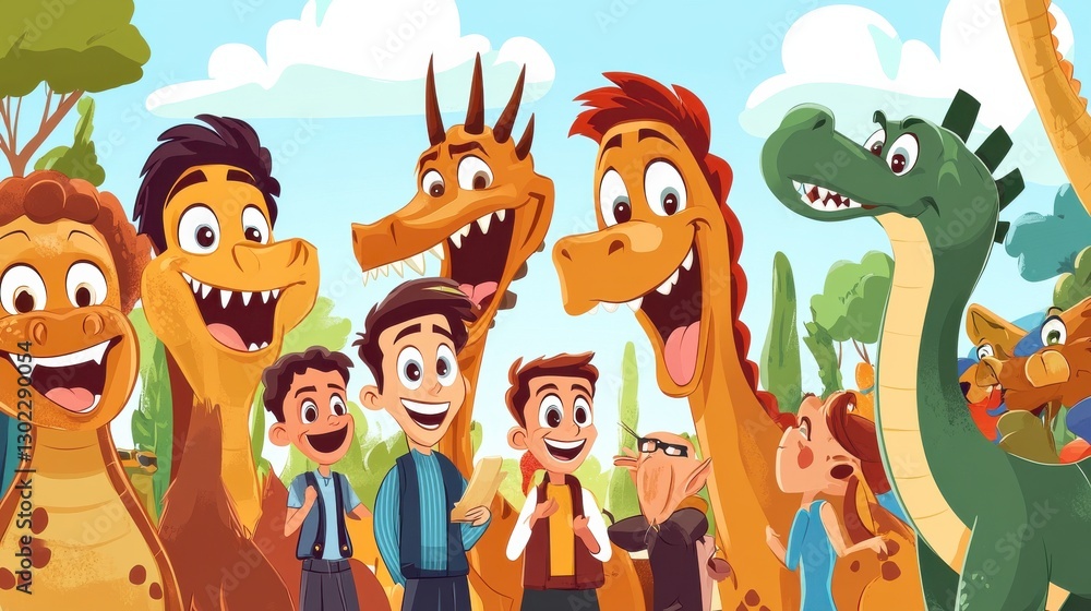 Naklejka premium Joyful Scene with Children and Friendly Dinosaurs in a Cartoon Theme
