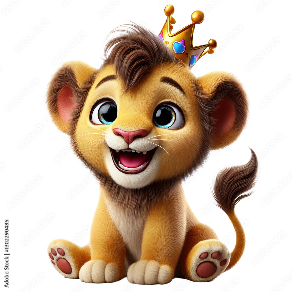 Fototapeta premium Lion Cub Birthday Clipart, Cute Cartoon Animal with Crown PNG