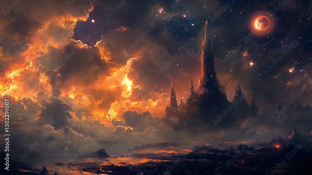 Fototapeta premium Fiery Skies over Celestial Castle: A Fantasy Landscape