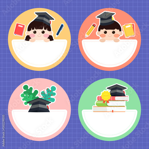 Name tag, tag illustration. Children's name tag design with graduation cap. Vector illustration.