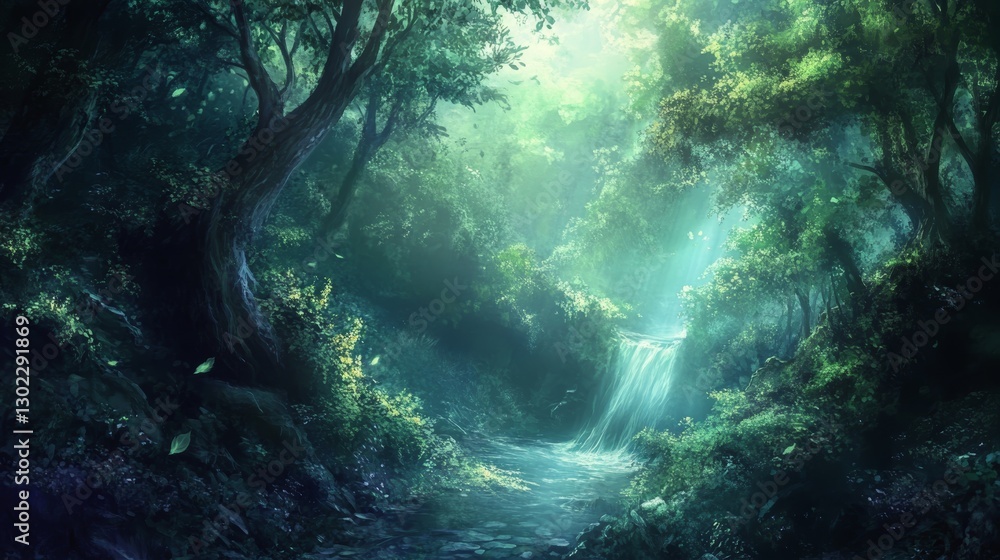 Fototapeta premium Enchanted Forest Waterfall: A Mystical Stream Through Lush Greenery
