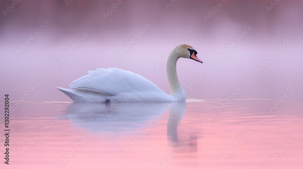 Graceful Swan on a Misty Lake: A swan gliding smoothly over a mist-covered lake at dawn, with soft pastel colors reflecting on the water. Graceful Swan on a Misty Lake: A swan gliding smoothly over a mist-covered lake at dawn, with soft pastel colors reflecting on the water.