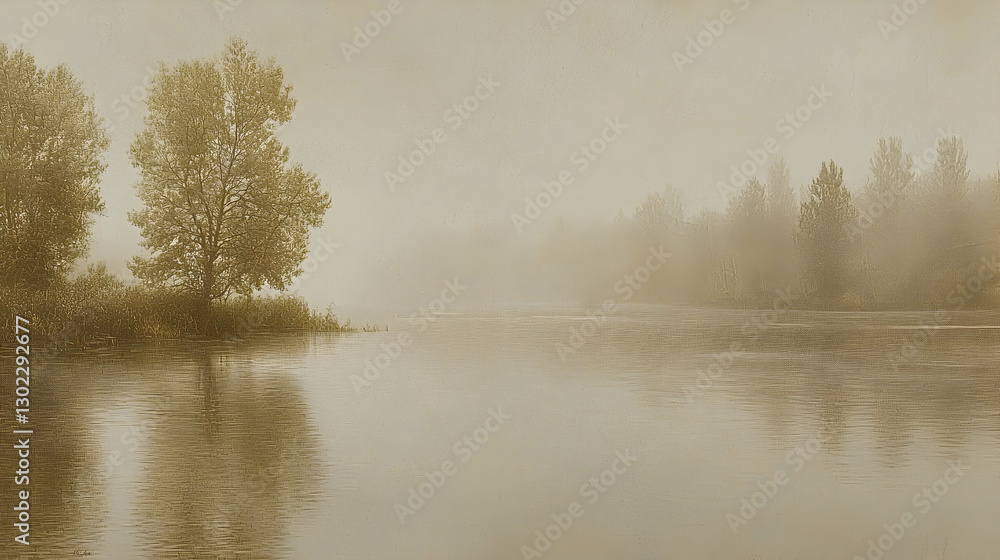 Misty autumn riverbank, trees reflected, tranquil fog, serene landscape, nature background, ideal for calm, peaceful design Misty autumn riverbank, trees reflected, tranquil fog, serene landscape, nature background, ideal for calm, peaceful design
