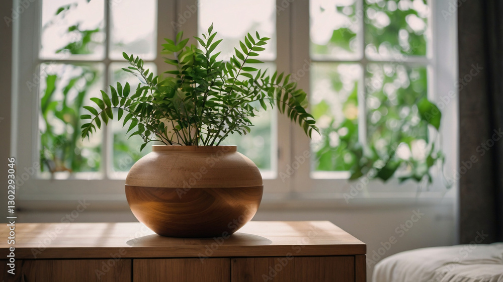 The minimalist interior features a single pot of lush greenery in an elegant pot on top of a wooden cupboard, showcasing natural harmony and simplicity with a calm and modern aesthetic.
The minimalist interior features a single pot of lush greenery in an elegant pot on top of a wooden cupboard, showcasing natural harmony and simplicity with a calm and modern aesthetic.