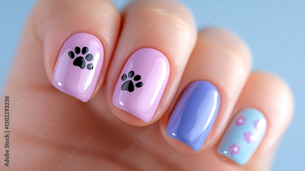 Pastel Pink and Purple Nail Art Featuring Paw Prints and Floral Designs Pastel Pink and Purple Nail Art Featuring Paw Prints and Floral Designs