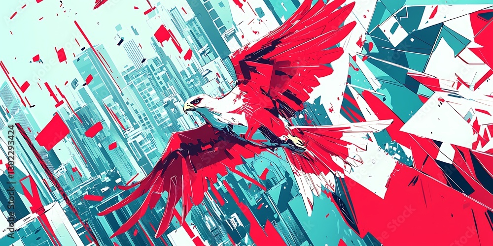 Naklejka premium Abstract Digital Artwork of an Eagle Soaring Over a Futuristic City