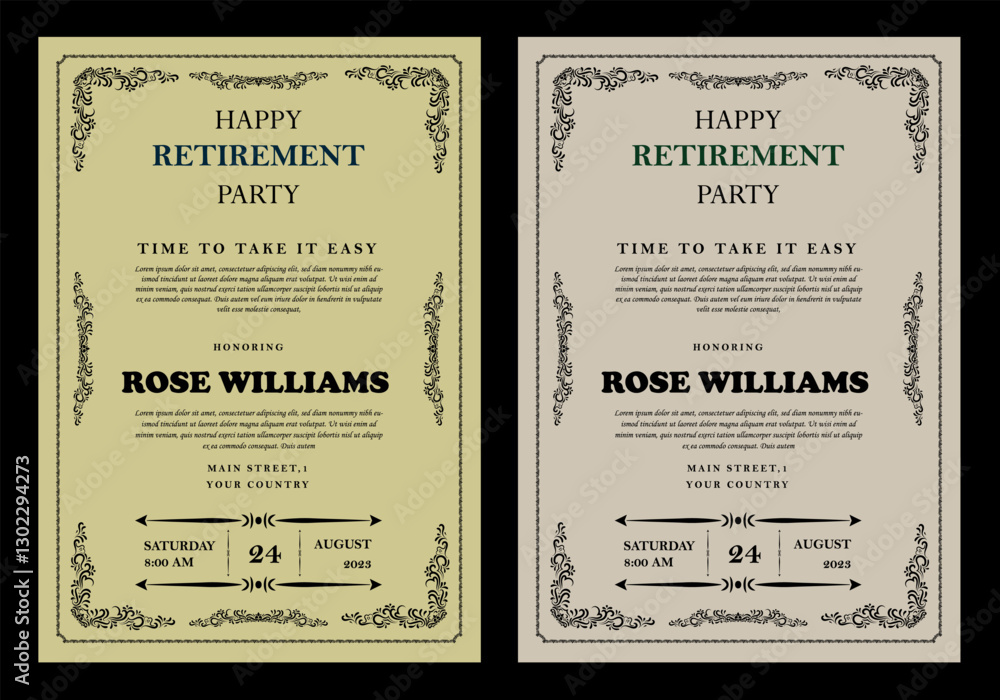 Naklejka premium Set of retirement party invitation, square banner, instagram story and a4 poster, vector illustration Retirement Flyer Design Template. Retirement Party Invitation Layout, square banner, and a4 poster