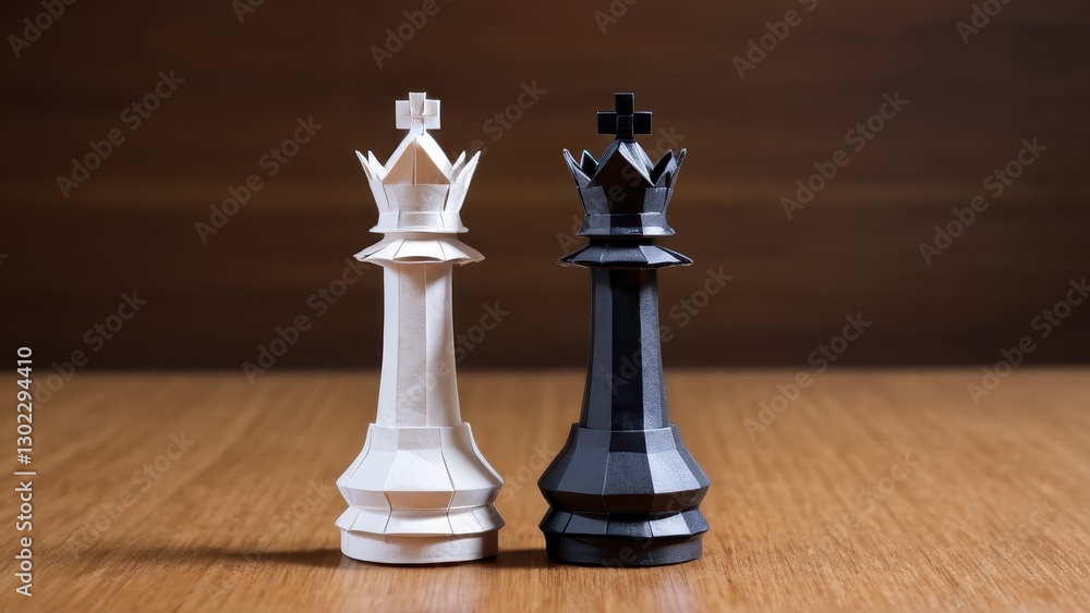 A striking visual representation of duality in chess with elegant paper crowns A striking visual representation of duality in chess with elegant paper crowns