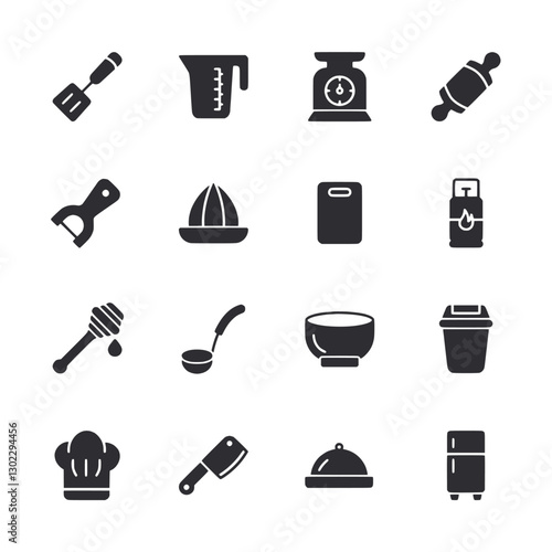 A set of black and white icons for kitchen items