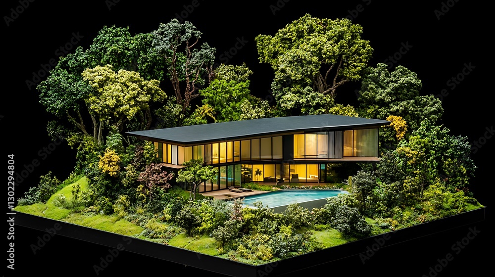 Fototapeta premium Modern Architectural Model: Nighttime Villa in Lush Green Setting AI Generated