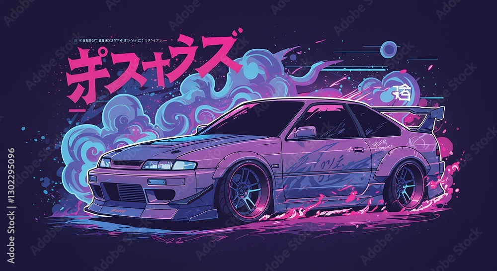 Fototapeta premium Retro Japanese Sports Car Illustration: 80s Aesthetic