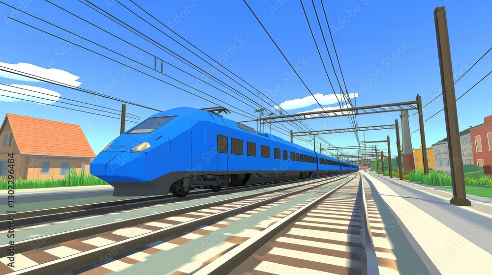 Fototapeta premium Blue High-Speed Train in Modern Urban Landscape with Clear Sky