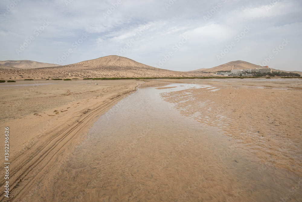 A sandy beach with a shallow lagoon by the sea. Barren landscape, taken in the evening. Sandy landscape at Playa de Sotavento de Jandía, Fuerteventura, Canary Islands, Spain A sandy beach with a shallow lagoon by the sea. Barren landscape, taken in the evening. Sandy landscape at Playa de Sotavento de Jandía, Fuerteventura, Canary Islands, Spain