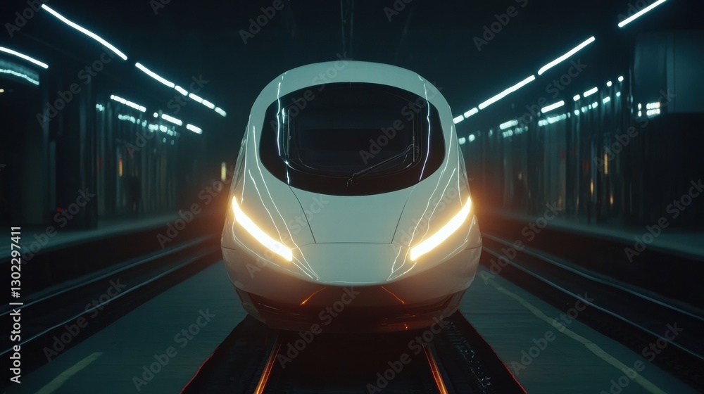 Fototapeta premium Modern High-Speed Train Front View in Dimly Lit Station Environment