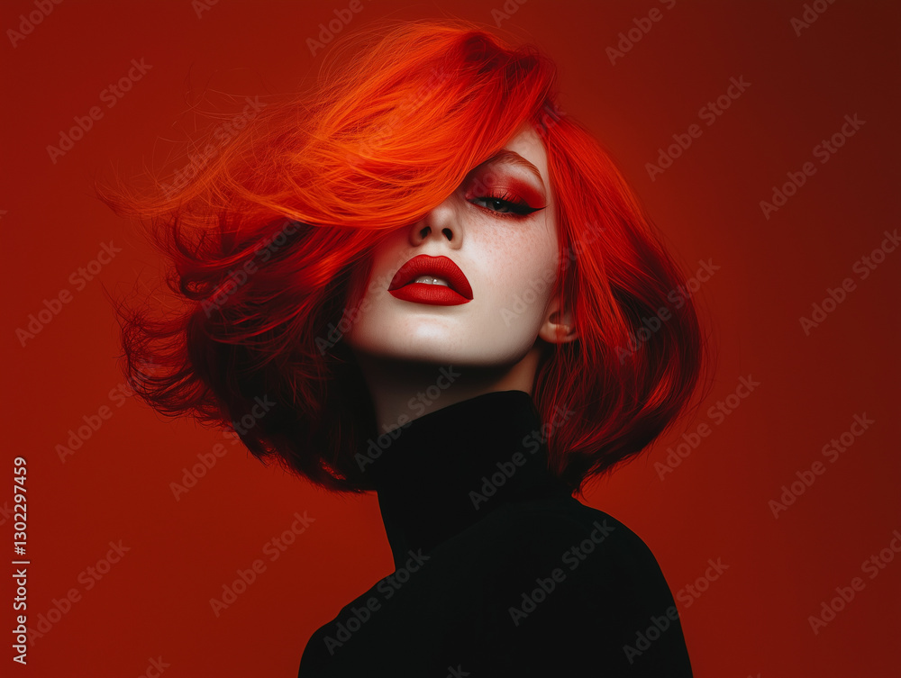 Obraz premium captivating model with fiery red hair and bold makeup poses against red background