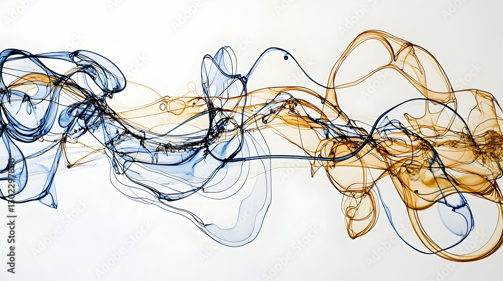 Abstract Blue Gold Ink Swirls Flowing on White Background for Design Abstract Blue Gold Ink Swirls Flowing on White Background for Design