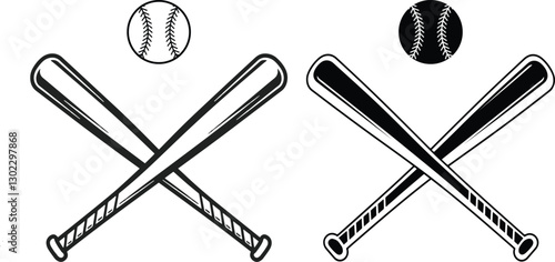 Crossed Baseball Bats with Baseball - Black and White Sports Icon