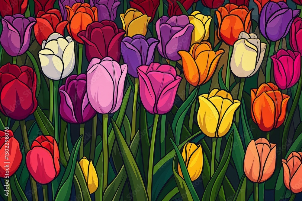 A vibrant field filled with blooming tulips in various shapes and colors. The flowers create a stunning display against lush green leaves under bright sunlight, celebrating spring's beauty A vibrant field filled with blooming tulips in various shapes and colors. The flowers create a stunning display against lush green leaves under bright sunlight, celebrating spring's beauty