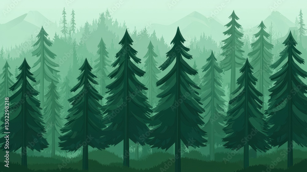 Fototapeta premium Illustration of a green forest with pine trees and mountains in the background.