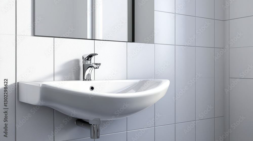 Fototapeta premium modern white bathroom sink with sleek faucet and mirror, showcasing clean and minimalist design