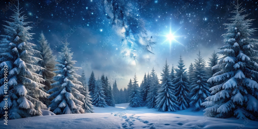 Naklejka premium A serene winter night landscape with a snowy forest and fir branches swaying gently in the cold breeze, darkening sky, frosty landscape