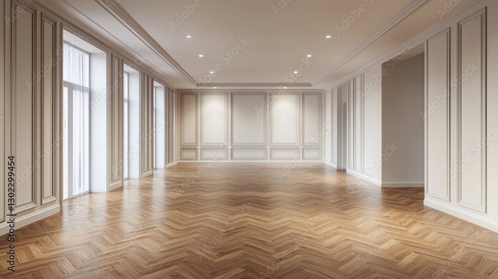 Empty room with herringbone wood floor and white walls. Interior design concept. Empty room with herringbone wood floor and white walls. Interior design concept.