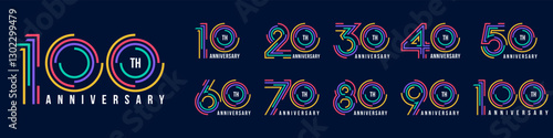 collection anniversary 10 to 100 year logo designs. abstract number for celebration event, wedding, greeting card, and invitation, vector illustration