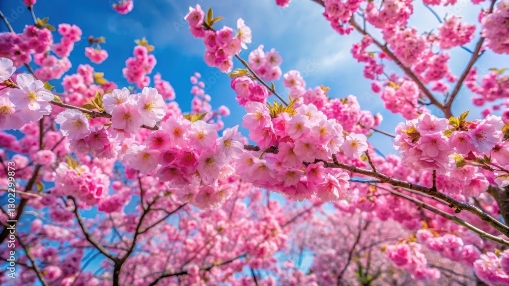 Pink cherry blossoms in full bloom against a blue sky with soft green leaves on surrounding trees, cherry blossom tree, pink blooming tree Pink cherry blossoms in full bloom against a blue sky with soft green leaves on surrounding trees, cherry blossom tree, pink blooming tree