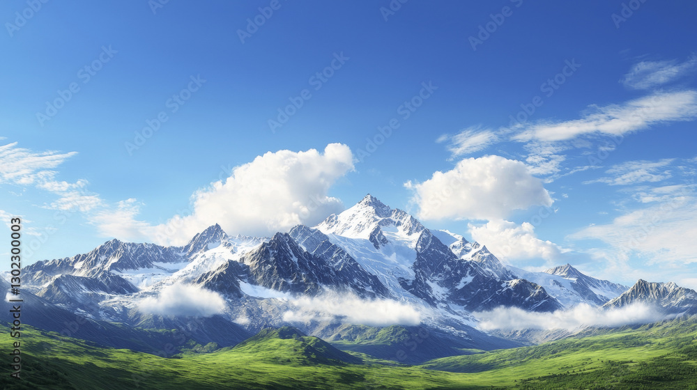 Majestic mountain landscape with snow capped peaks and lush greenery Majestic mountain landscape with snow capped peaks and lush greenery