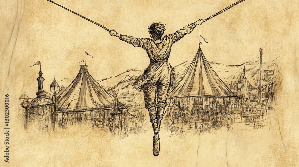 Obraz premium Tightrope Walker Performing Over a Vintage Circus Landscape