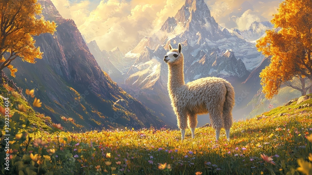 Naklejka premium Llama in Vibrant Mountain Landscape with Colorful Flowers and Trees