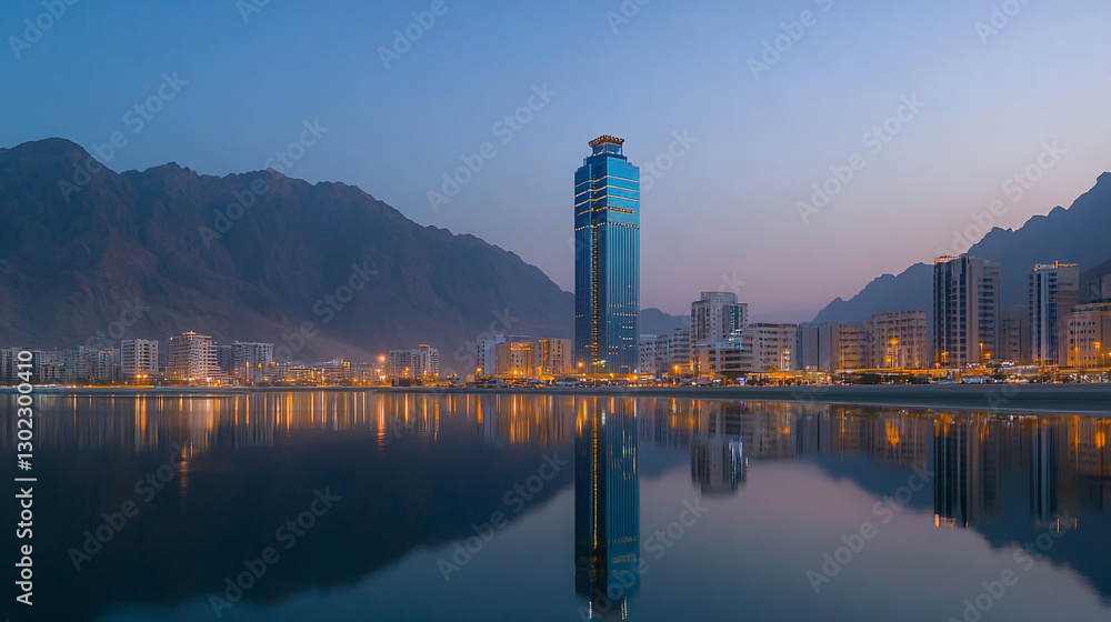 Naklejka premium Dhaymar Tower in Fujairah at sunset with reflection on the water