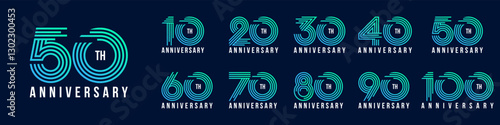 collection anniversary 10 to 100 year logo designs. abstract number for celebration event, wedding, greeting card, and invitation, vector illustration