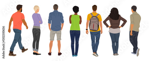 Set of different People Standing and walking Back View. Male and Female cartoon Characters Wearing casual street fashion Clothes Rear View vector illustration Isolated 