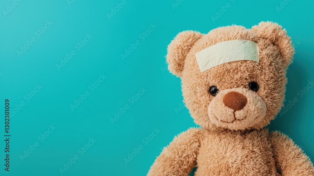 Obraz premium Teddy bear with a bandage on its head against a blue background. Concept of childhood illness, injury, and healthcare.