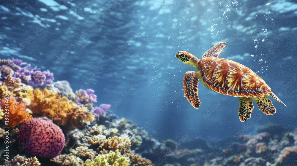 Fototapeta premium vibrant sea turtle gracefully swims through colorful coral reef, showcasing beauty of marine life