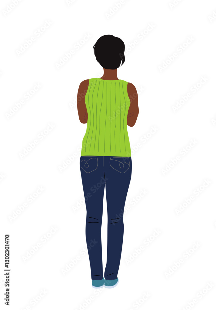 Fototapeta premium Young black woman Standing Back View. African american girl in casual street fashion outfit, dark jeans, green top and flat shoes Rear View vector realistic illustration Isolated 