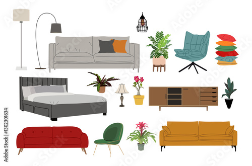 Set of home furniture, interior decor, house plants for living room, bedroom. Armchair, sofa, pillows, bed, chair, lamps, chest of drawer. Flat vector illustration isolated 