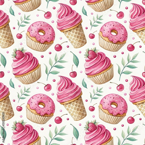 Seamless Dessert Pattern with Cupcakes, Donuts, and Ice Cream