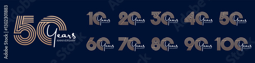 collection anniversary 10 to 100 year logo designs. abstract number for celebration event, wedding, greeting card, and invitation, vector illustration