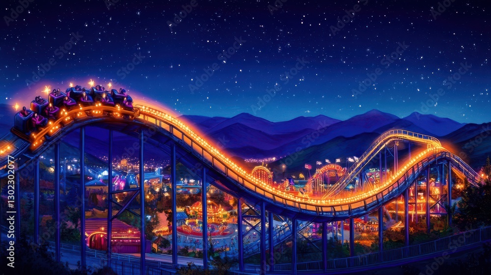 Obraz premium Vibrant Nighttime Roller Coaster Ride in Amusement Park Setting