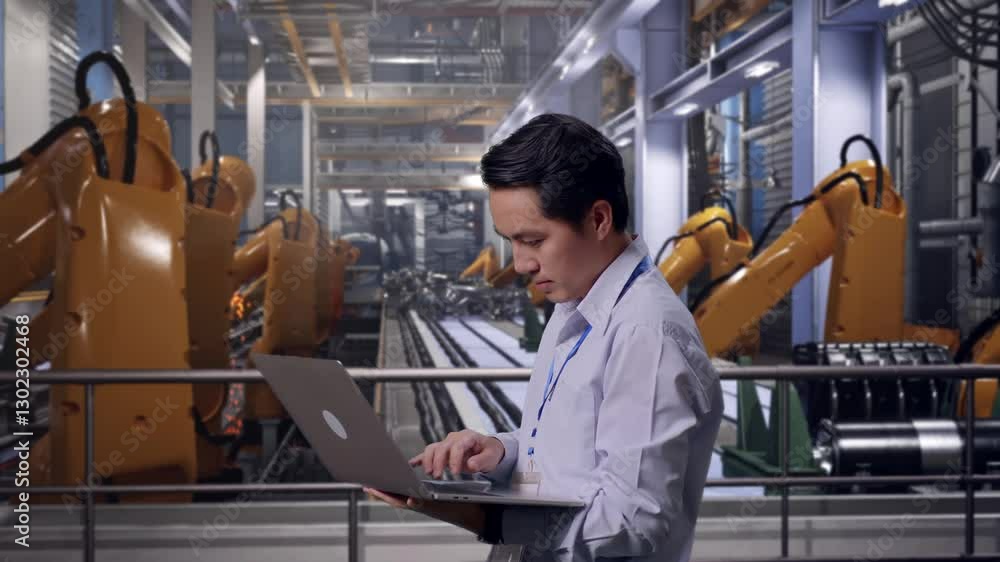 Side View Of An Asian Male Professional Worker Standing With His Laptop With Industrial Robotic Arms Working, Typing On His Laptop'S Keybaord With Meditation Side View Of An Asian Male Professional Worker Standing With His Laptop With Industrial Robotic Arms Working, Typing On His Laptop'S Keybaord With Meditation