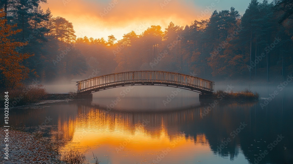 Fototapeta premium Misty autumn sunrise, wooden bridge reflecting in tranquil pond, forest backdrop, idyllic scene