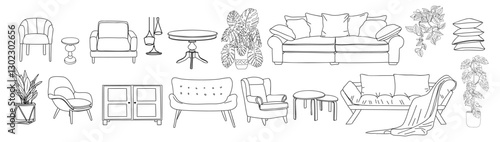 Collection of elegant modern furniture, home interior decorations of trendy Mid Century modern retro 70s style. Hand drawn line art vector illustration, black ink sketch isolated