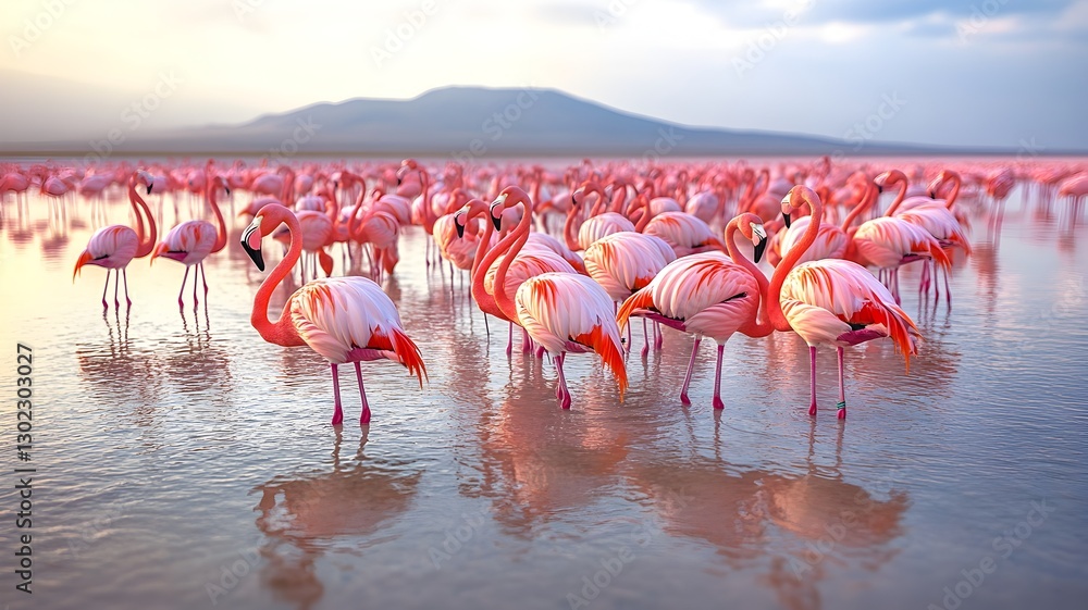 Obraz premium Vibrant group of flamingos standing gracefully in shimmering water under bright sunlight