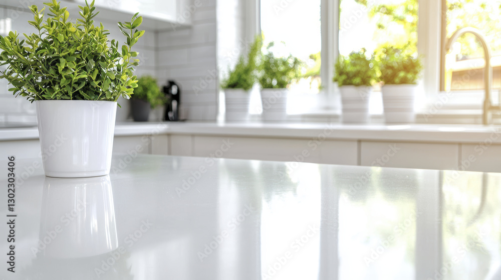 bright kitchen with white countertop and potted plants, creating fresh atmosphere bright kitchen with white countertop and potted plants, creating fresh atmosphere