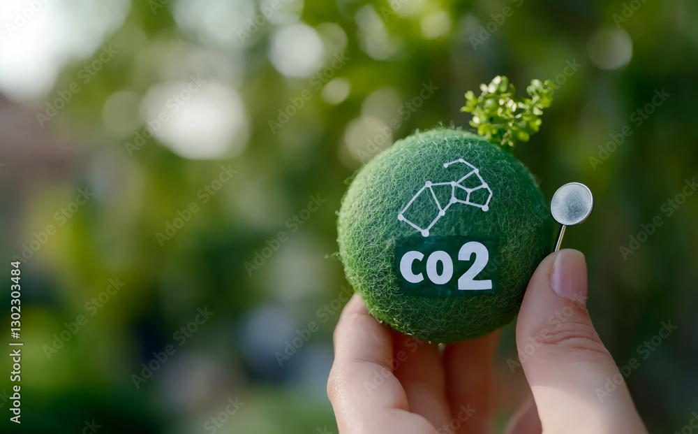 Hand holding a green Earth with a carbon scale pin and technology icons on a blurred background Hand holding a green Earth with a carbon scale pin and technology icons on a blurred background