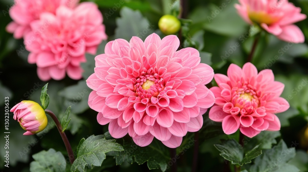 Close up of pink dahlia flowers in full bloom with green leaves. Floral beauty in nature. Close up of pink dahlia flowers in full bloom with green leaves. Floral beauty in nature.