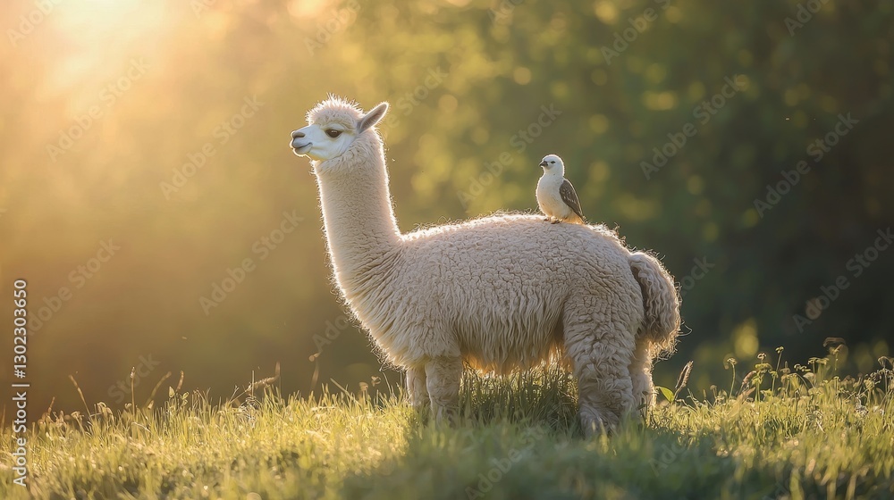 Fototapeta premium Charming Alpaca with Bird in a Serene Nature Setting at Sunrise