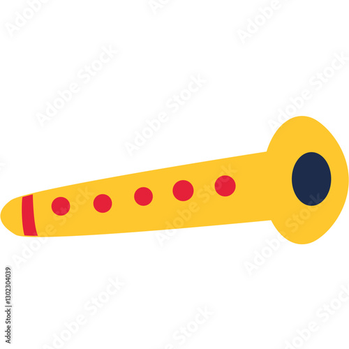 This image features a colorful toy trumpet, predominantly yellow with a red stripe near the mouthpiece and four red dots along the body. The bell of the trumpet is black. This vibrant and playful toy 